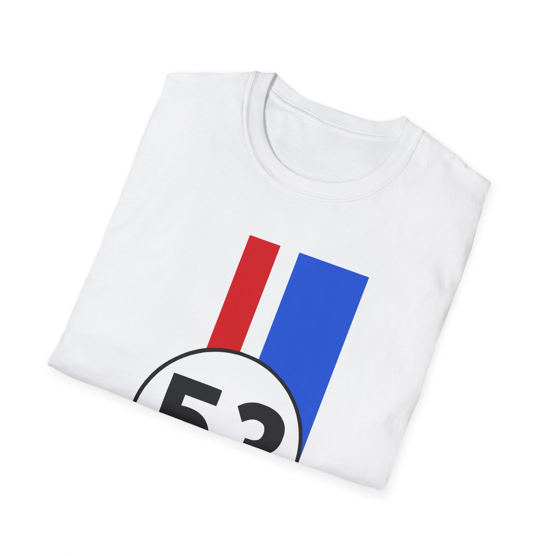White t-shirt with red and blue design on a white background