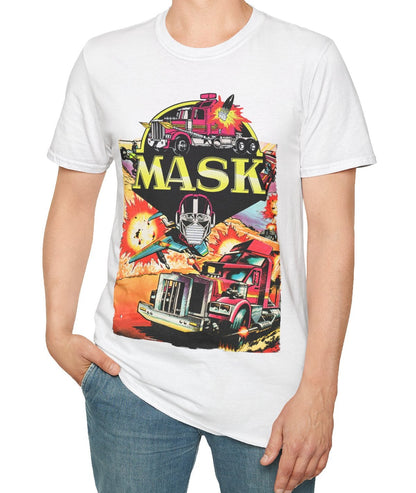 Person wearing a white t-shirt with 'MASK' graphic design on a white background