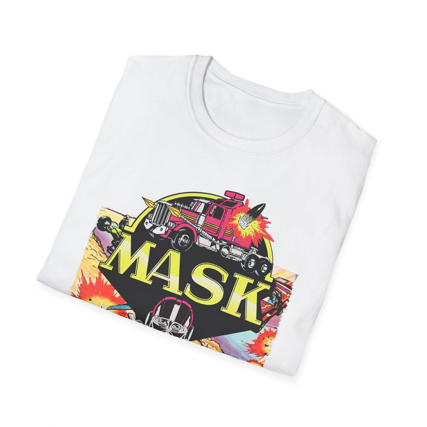 White t-shirt with colorful 'MASK' graphic design on a white background