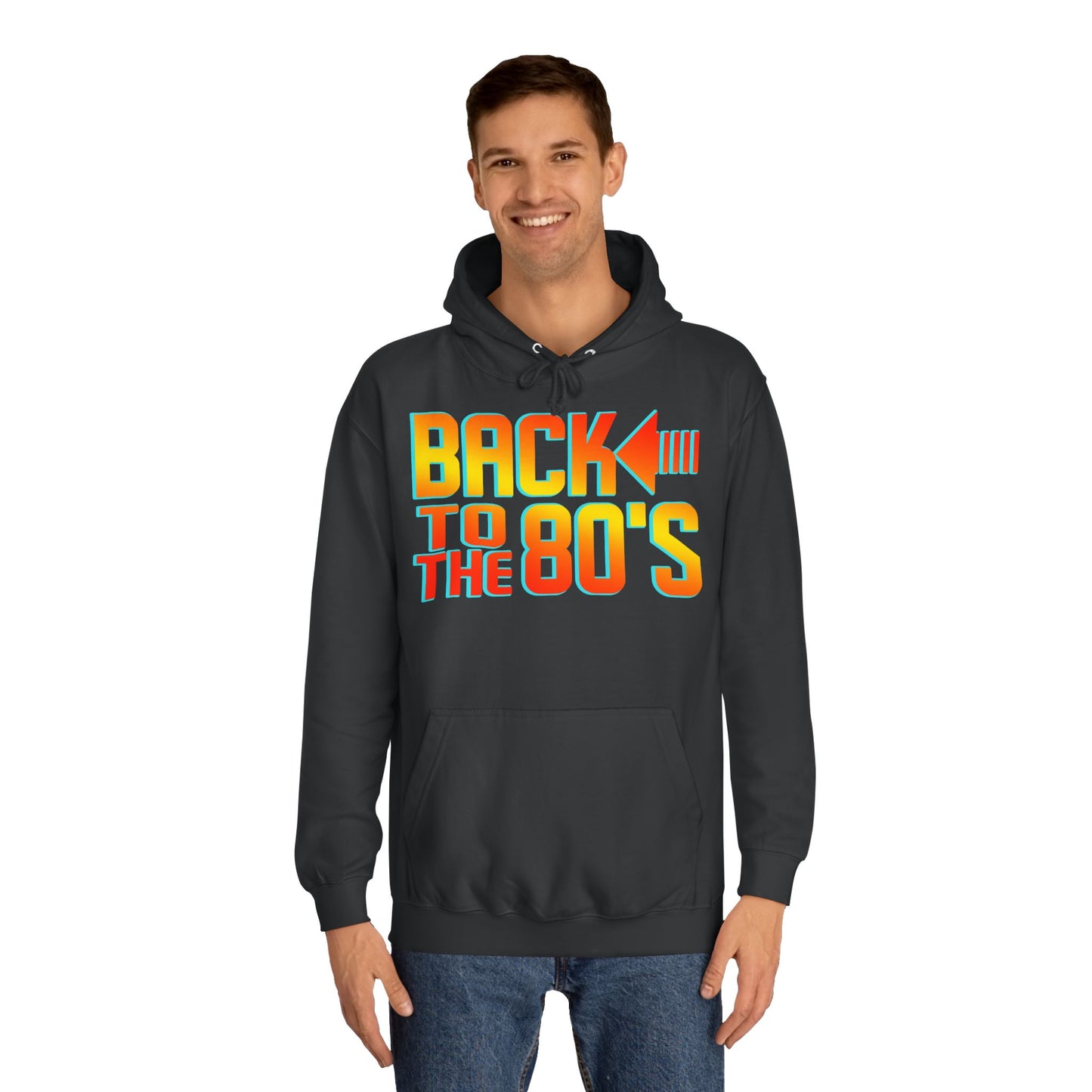 Person wearing a black hoodie with 'Back to the 80's' text design on a white background