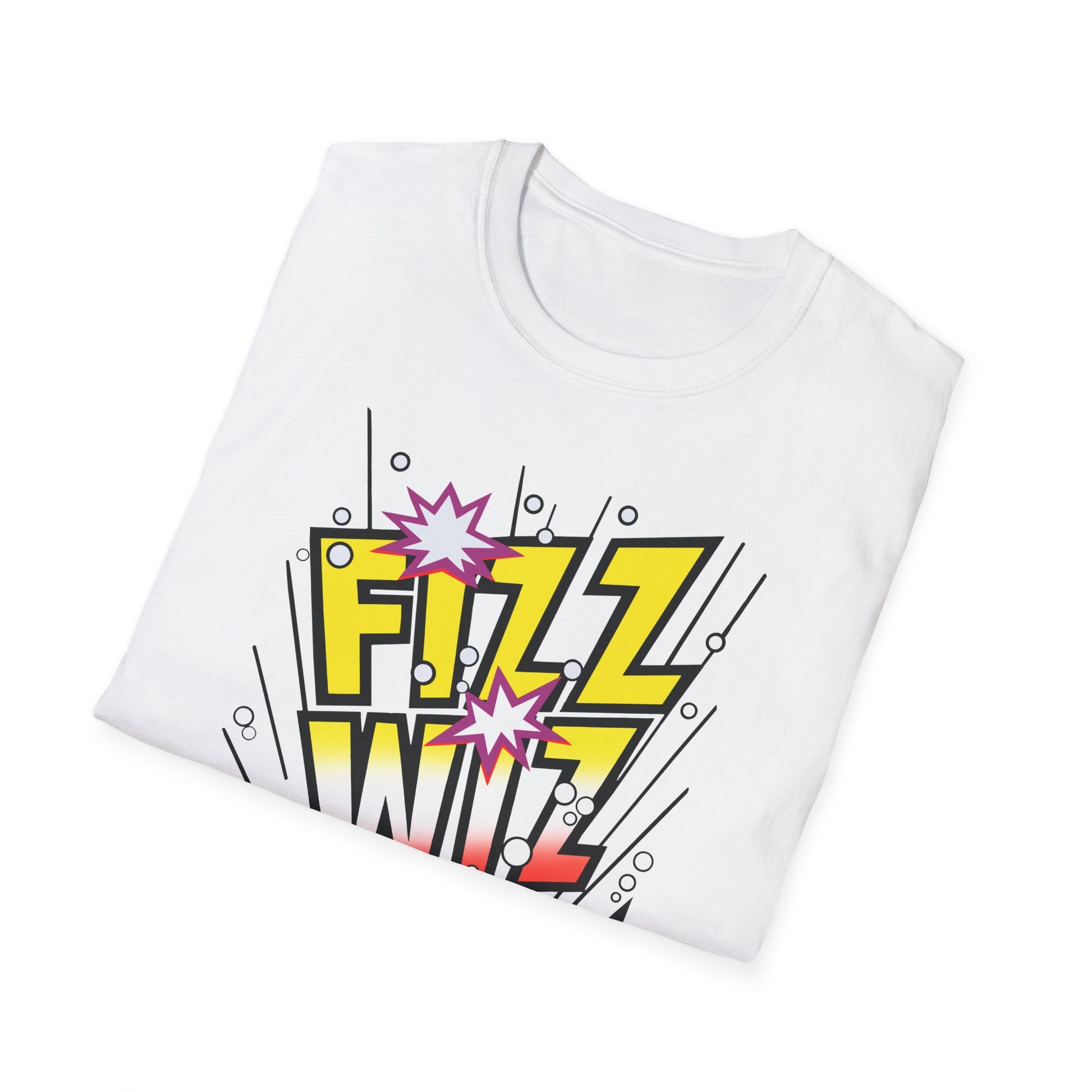 White t-shirt with 'Fizz Wiz' graphic design on a white background