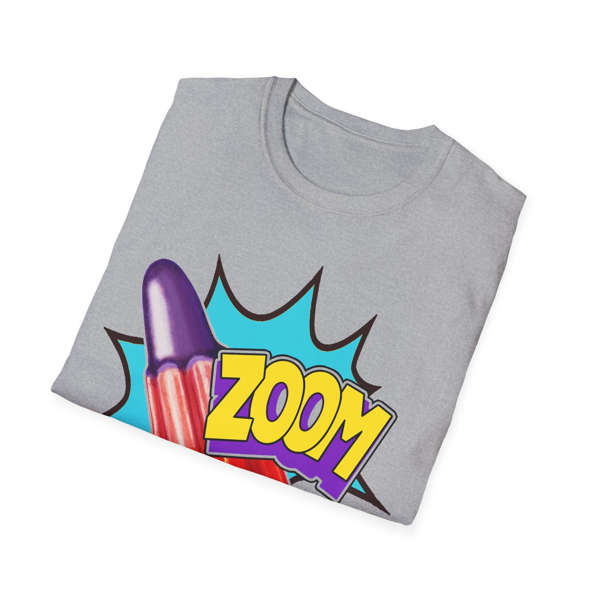 Folded gray t-shirt with colorful 'Zoom' graphic on a white background