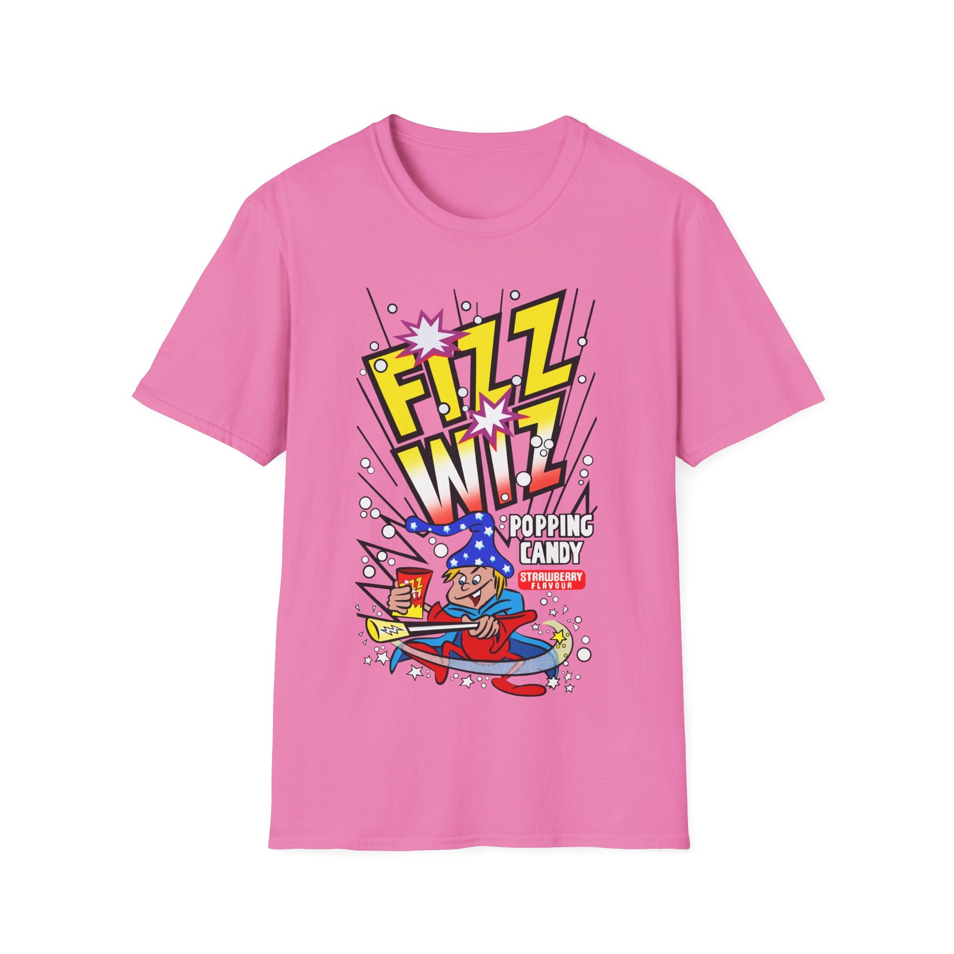 Pink t-shirt with Fizz Wiz candy graphic on a white background