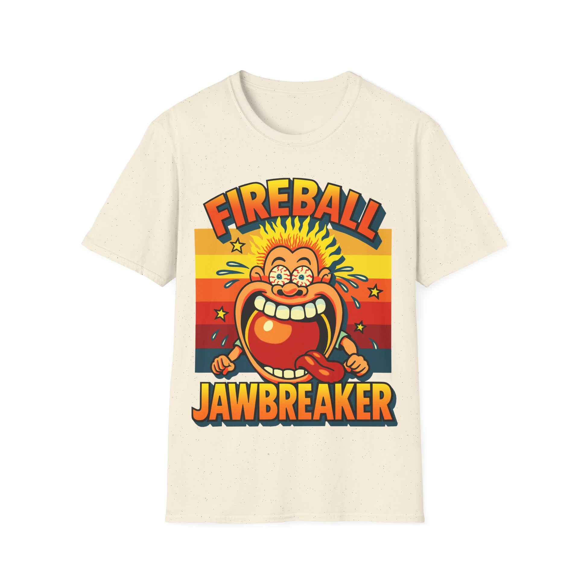 Beige t-shirt with Fireball Jawbreaker graphic design on a white background