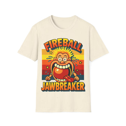 Beige t-shirt with Fireball Jawbreaker graphic design on a white background