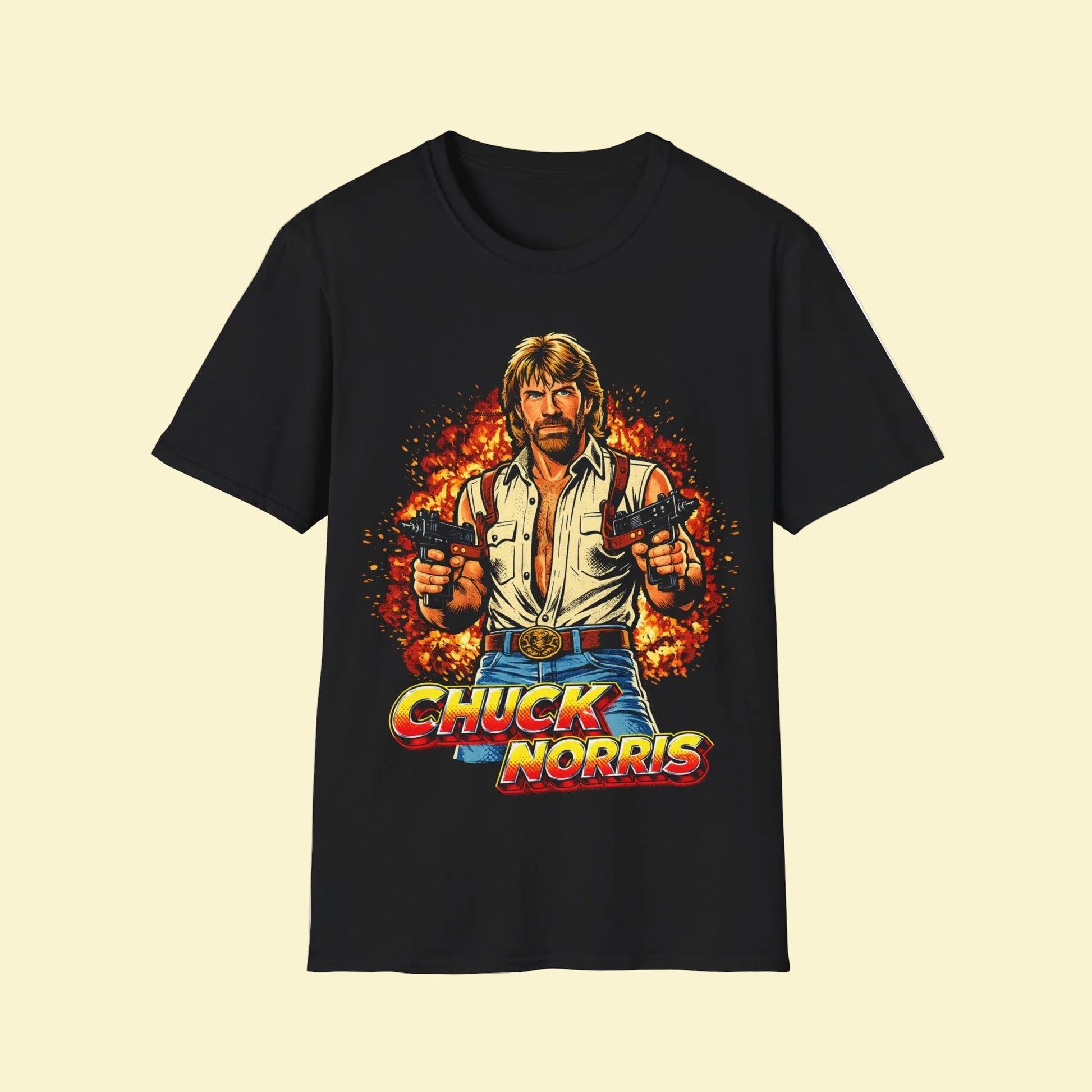 Black t-shirt with Chuck Norris graphic design on a white background