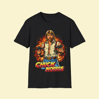 Black t-shirt with Chuck Norris graphic design on a white background