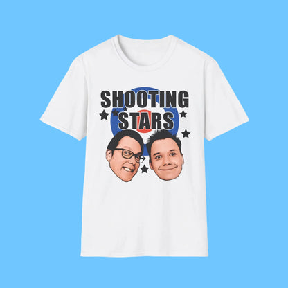 White t-shirt with 'Shooting Stars' text and two faces Vic and Bob