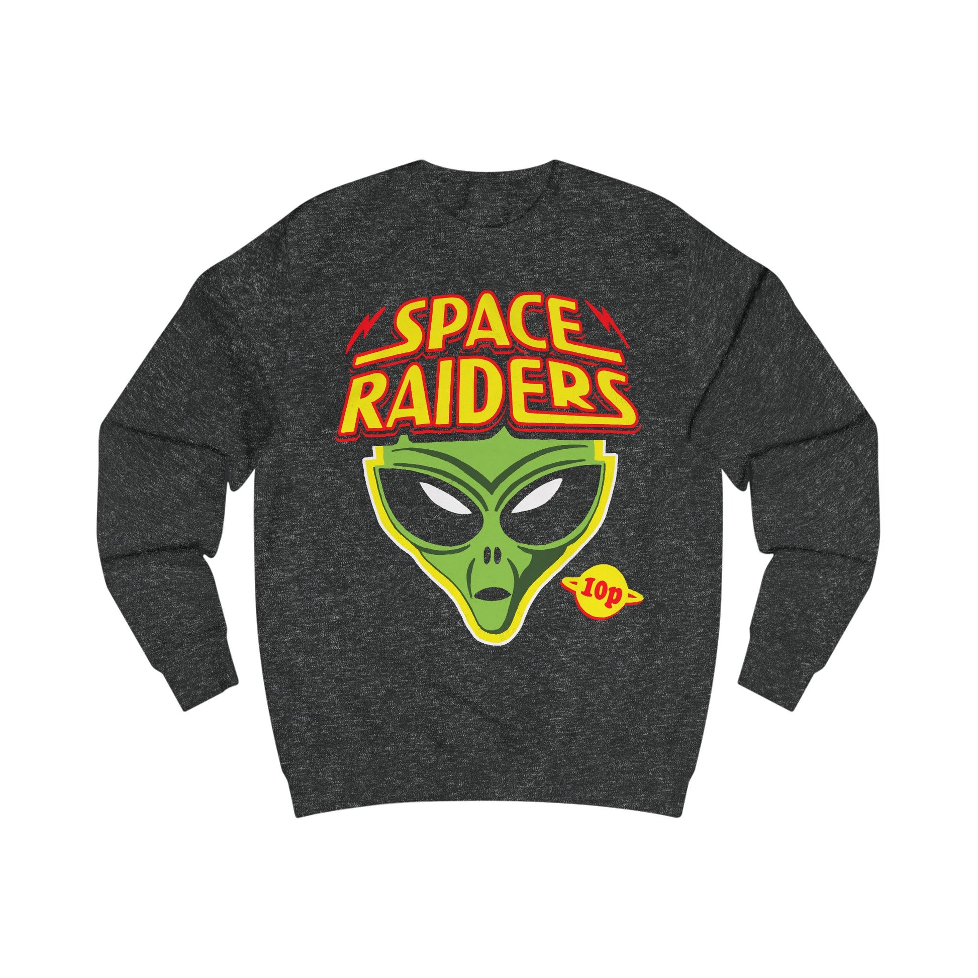 Gray sweatshirt with 'Space Raiders' alien graphic on a white background