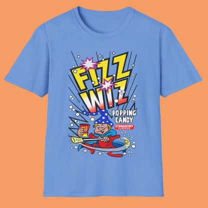 Blue t-shirt with colorful graphic design featuring a character and 'Fizz Wiz' text on a white background.