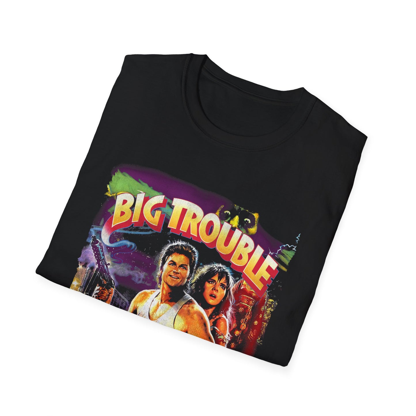 Black t-shirt with 'Big Trouble' graphic design on a white background