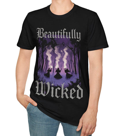 Person wearing a black t-shirt with 'Beautifully Wicked' Agatha All Along inspired graphic design on a white background