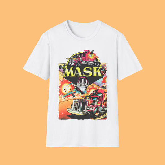 White t-shirt with 'MASK' graphic design featuring a character and vehicles on a white background