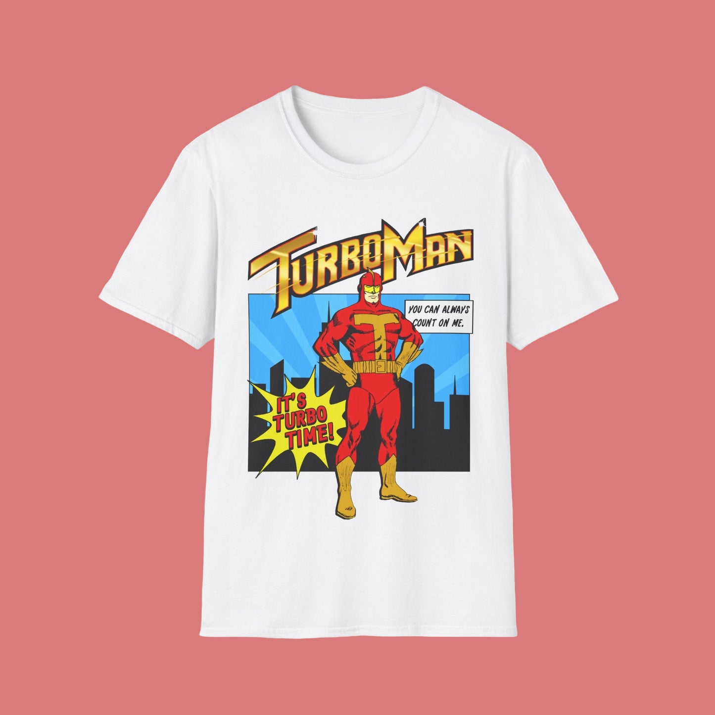 White short sleeve t-shirt with TurboMan graphic design Christmas Jingle All The Way movie inspired top