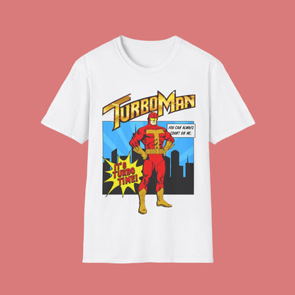 White short sleeve t-shirt with TurboMan graphic design Christmas Jingle All The Way movie inspired top
