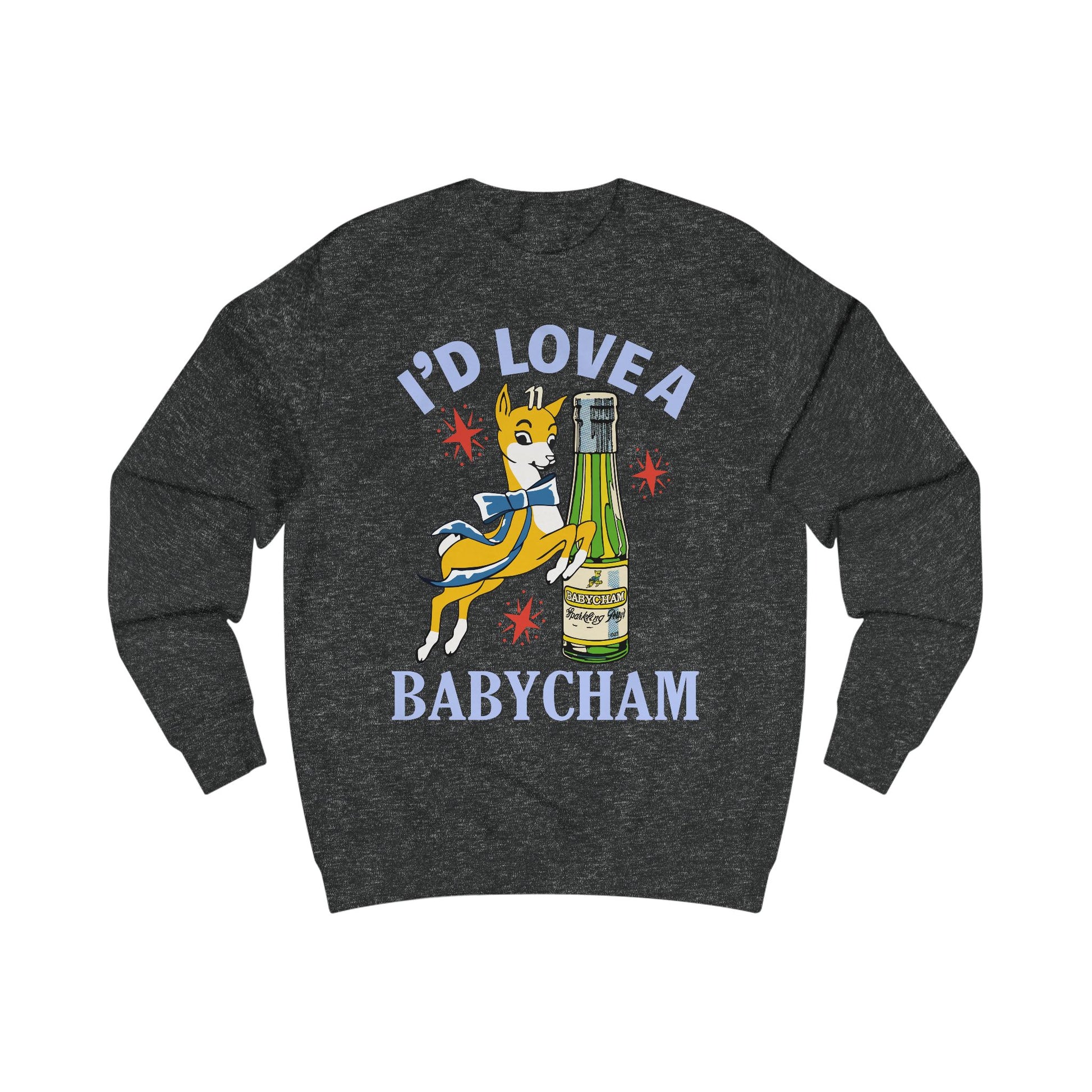 Dark gray sweatshirt with a graphic of a deer holding a bottle and text 'I'd Love a Babycham' on a white background