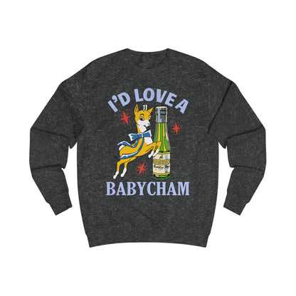 Dark gray sweatshirt with a graphic of a deer holding a bottle and text 'I'd Love a Babycham' on a white background