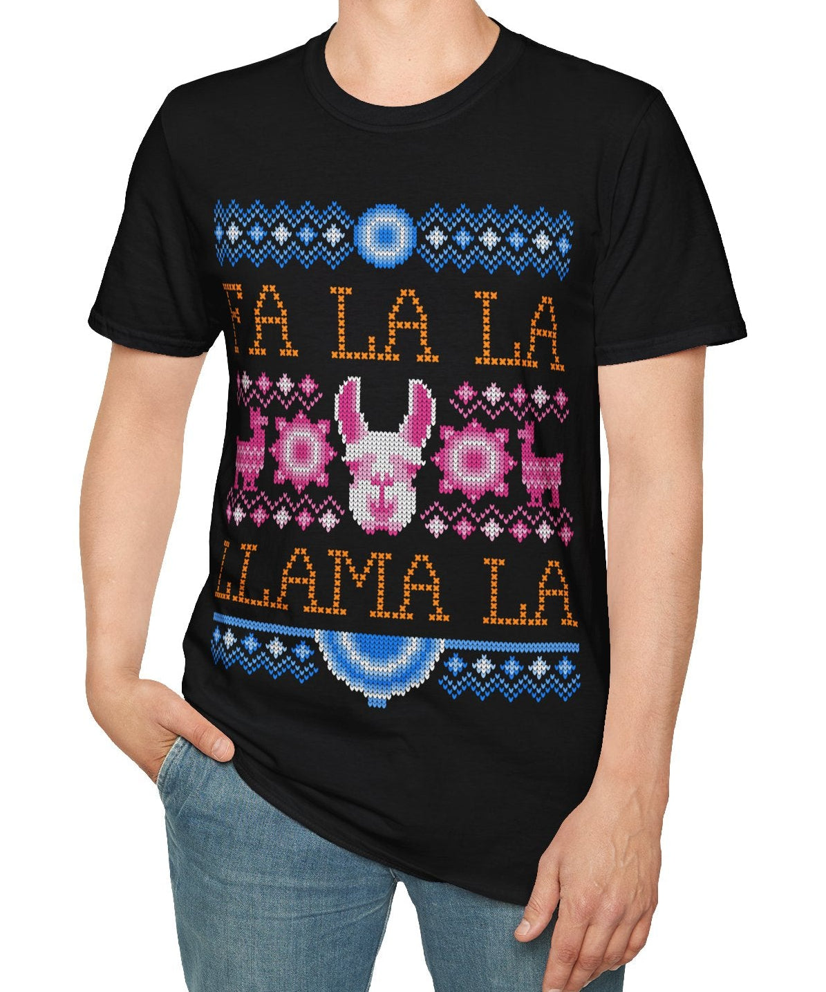 Person wearing a black t-shirt with a colorful llama design and 'Fa La La Llama La' text on a white background.