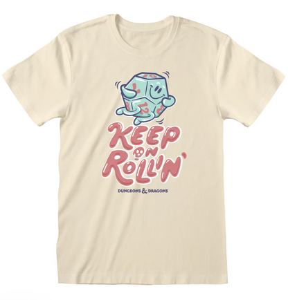Beige t-shirt with Dungeons & Dragons graphic and text on a white background