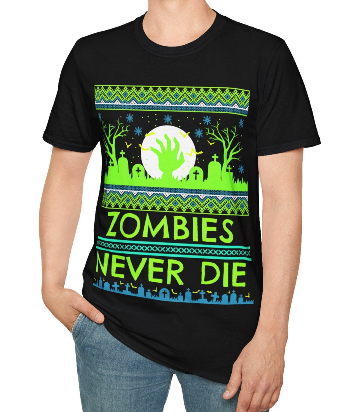 Person wearing a black t-shirt with a green and blue vibrant graphic design featuring a zombie theme and text 'Zombies Never Die' on a white background.