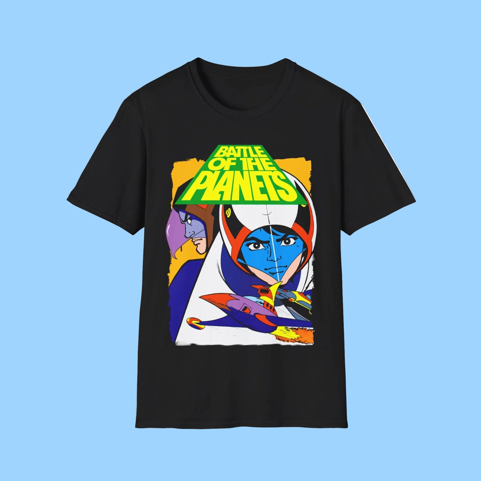 Black t-shirt with 'Battle of the Planets' graphic design 