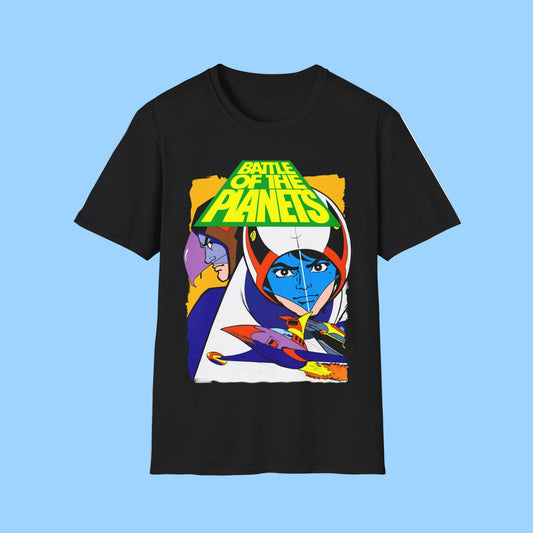 Black t-shirt with 'Battle of the Planets' graphic design 