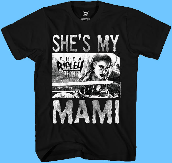 Black short sleeve t-shirt featuring in white print WWE Rhea Ripley graphics and She's My Mami text
