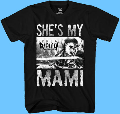 Black short sleeve t-shirt featuring in white print WWE Rhea Ripley graphics and She's My Mami text