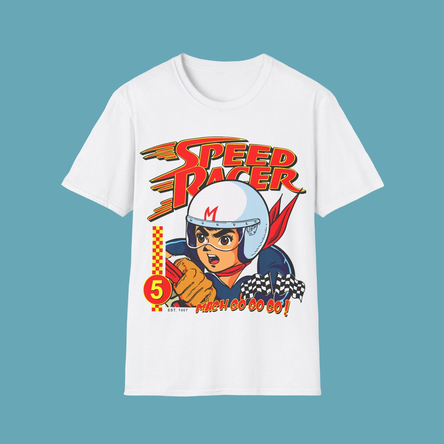 White t-shirt with a cartoon character and 'Speed Racer' text on a white background