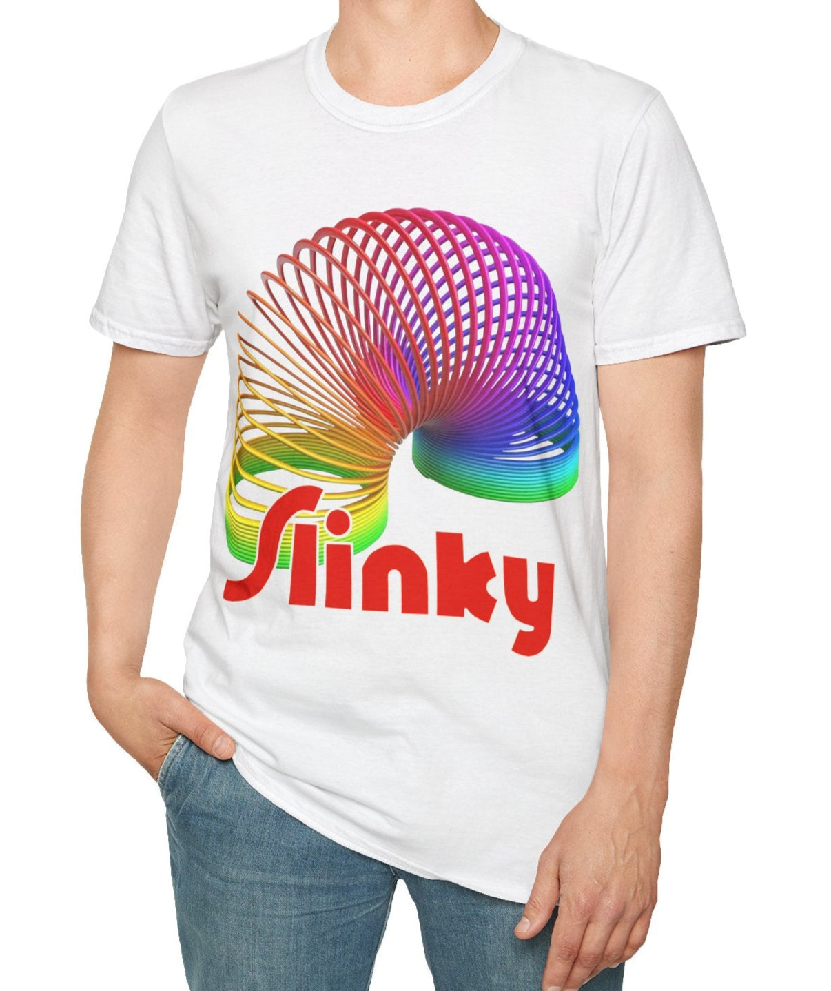 Person wearing a white t-shirt with a colorful Slinky design on a white background