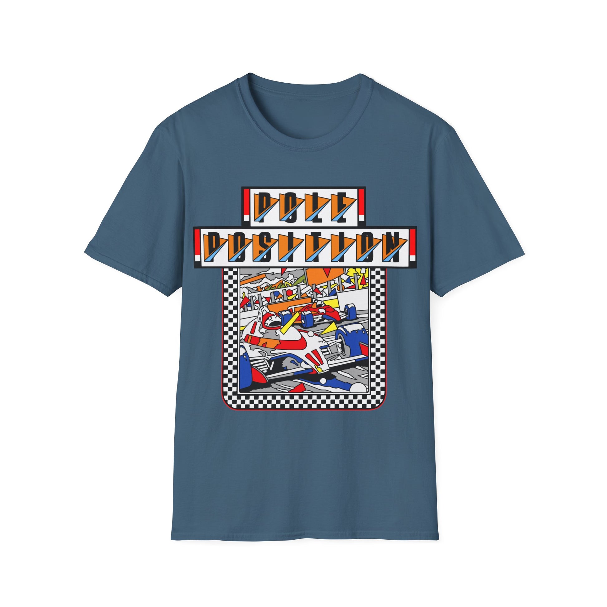 Indigo blue t-shirt with a colourful Pole Position gaming graphic design 