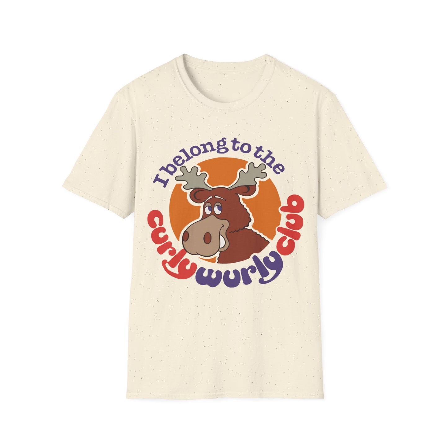 Beige t-shirt with a graphic design of a moose and Curly Wurly Club text on a white background