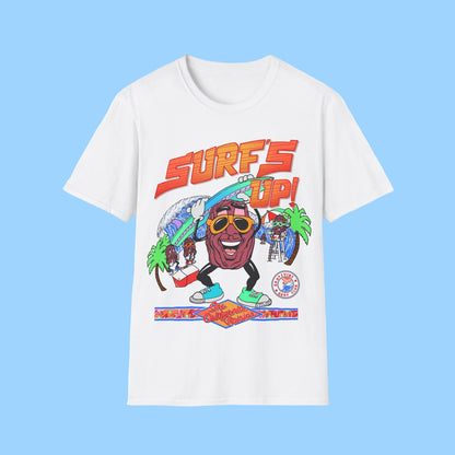 White t-shirt with a colourful graphic design featuring a Raisin character and 'Surf's Up!' text 