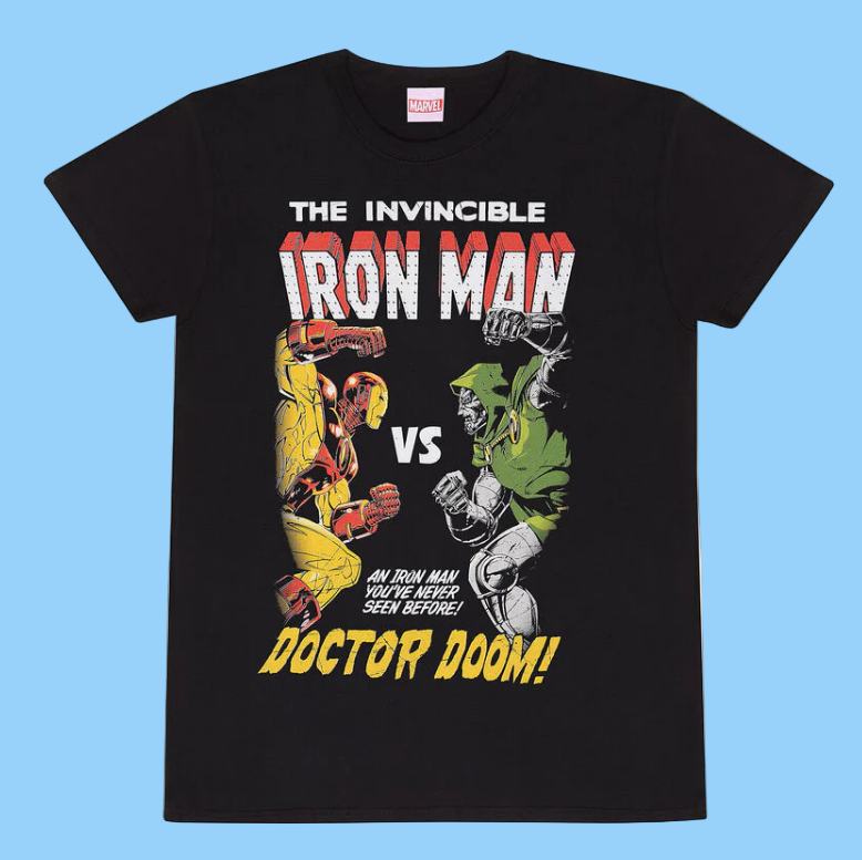 Black t-shirt with Official Marvel Iron Man vs. Doctor Doom graphic design
