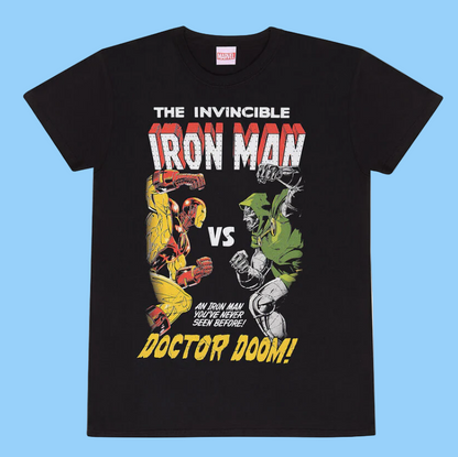 Black t-shirt with Official Marvel Iron Man vs. Doctor Doom graphic design