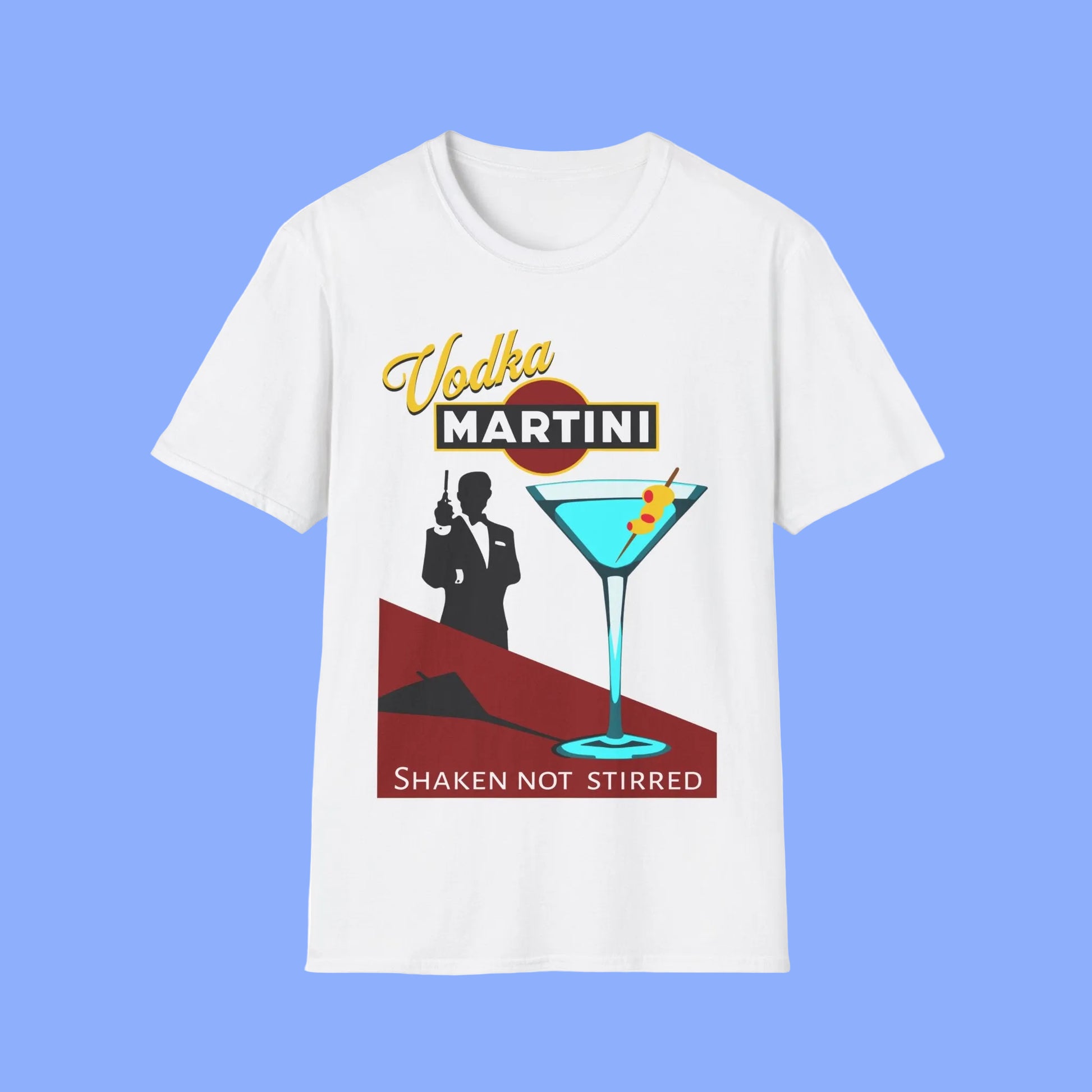 White t-shirt with Vodka Martini graphic design featuring a martini glass and spy silhouette.