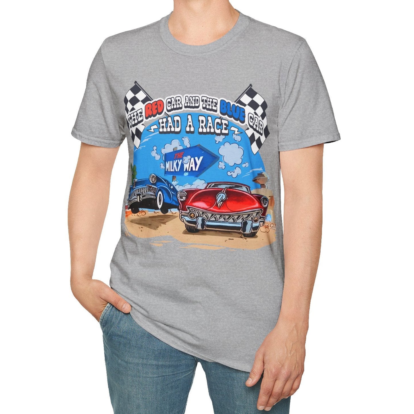 Person wearing a gray t-shirt with a race car graphic on a white background