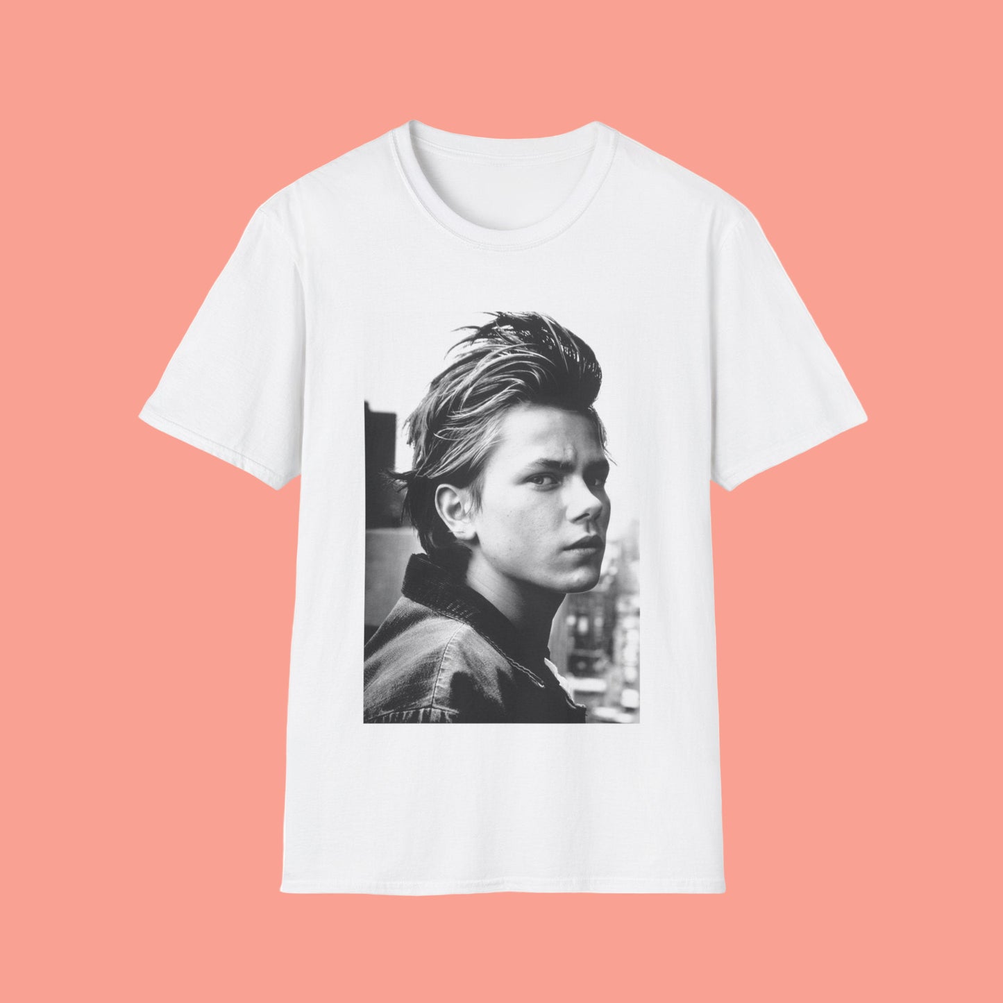 White t-shirt with graphic portrait of a young River Phoenix in Black and white