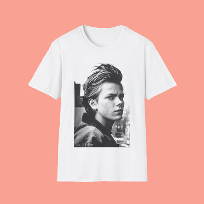 White t-shirt with graphic portrait of a young River Phoenix in Black and white