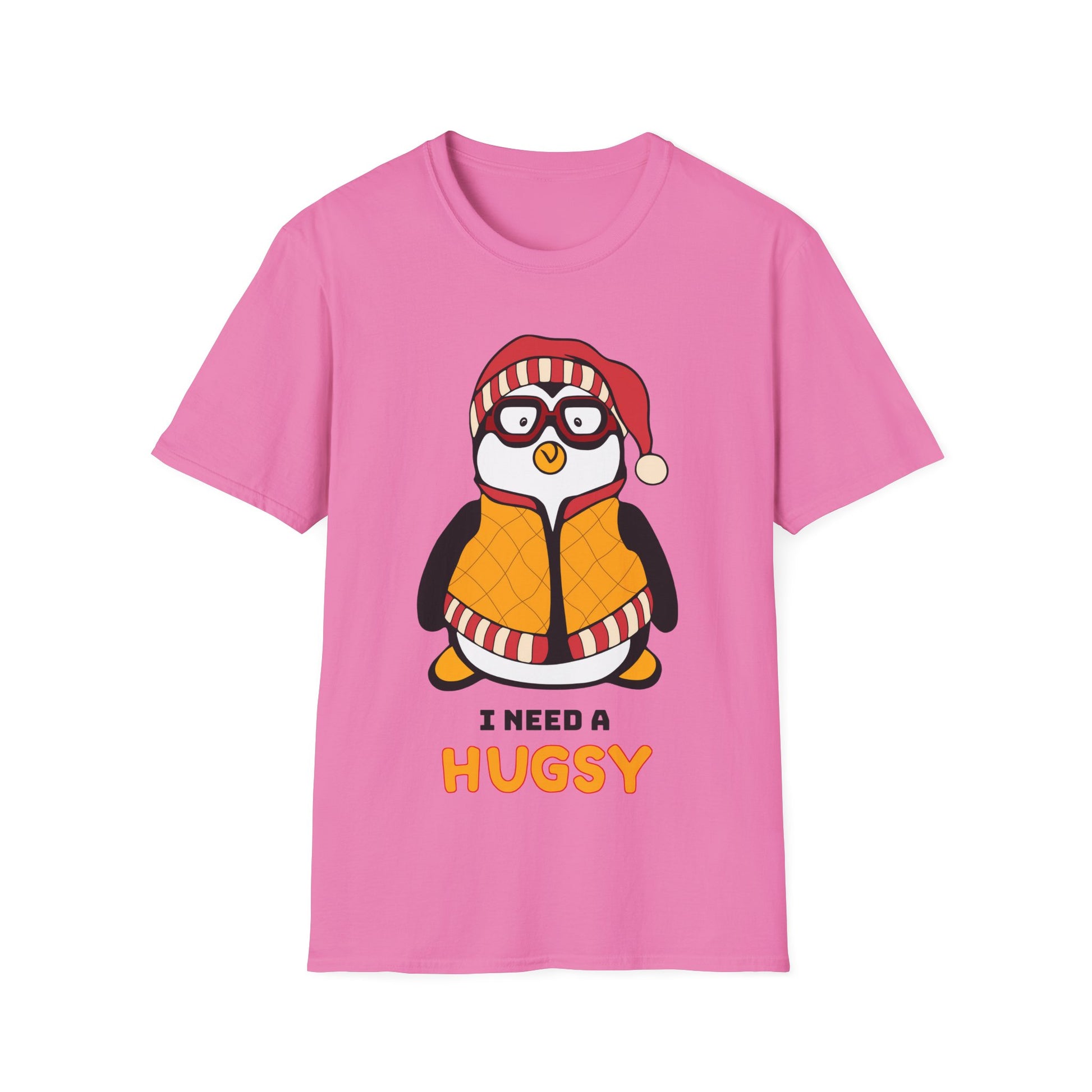 Pink t-shirt with a penguin graphic and I Need A Hugsy text