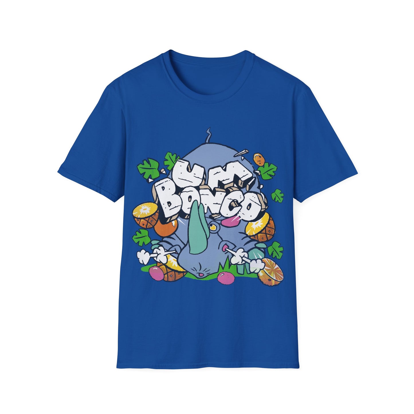 Royal blue short sleeve official Um Bongo Rhino T-shirt 80s tropical juice drink with cartoon rhino and Um bongo logo