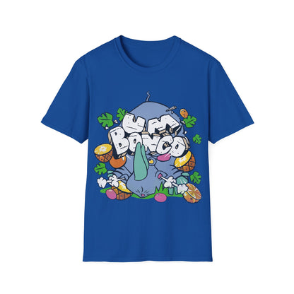 Royal blue short sleeve official Um Bongo Rhino T-shirt 80s tropical juice drink with cartoon rhino and Um bongo logo