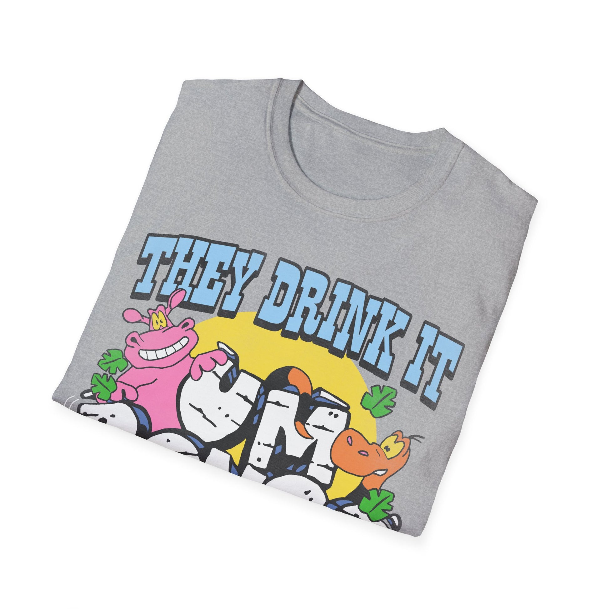 Folded gray short sleeve official Um Bongo T-shirt colourful 80s tropical juice drink cartoon animals with They drink it in the congo text and Um bongo logo