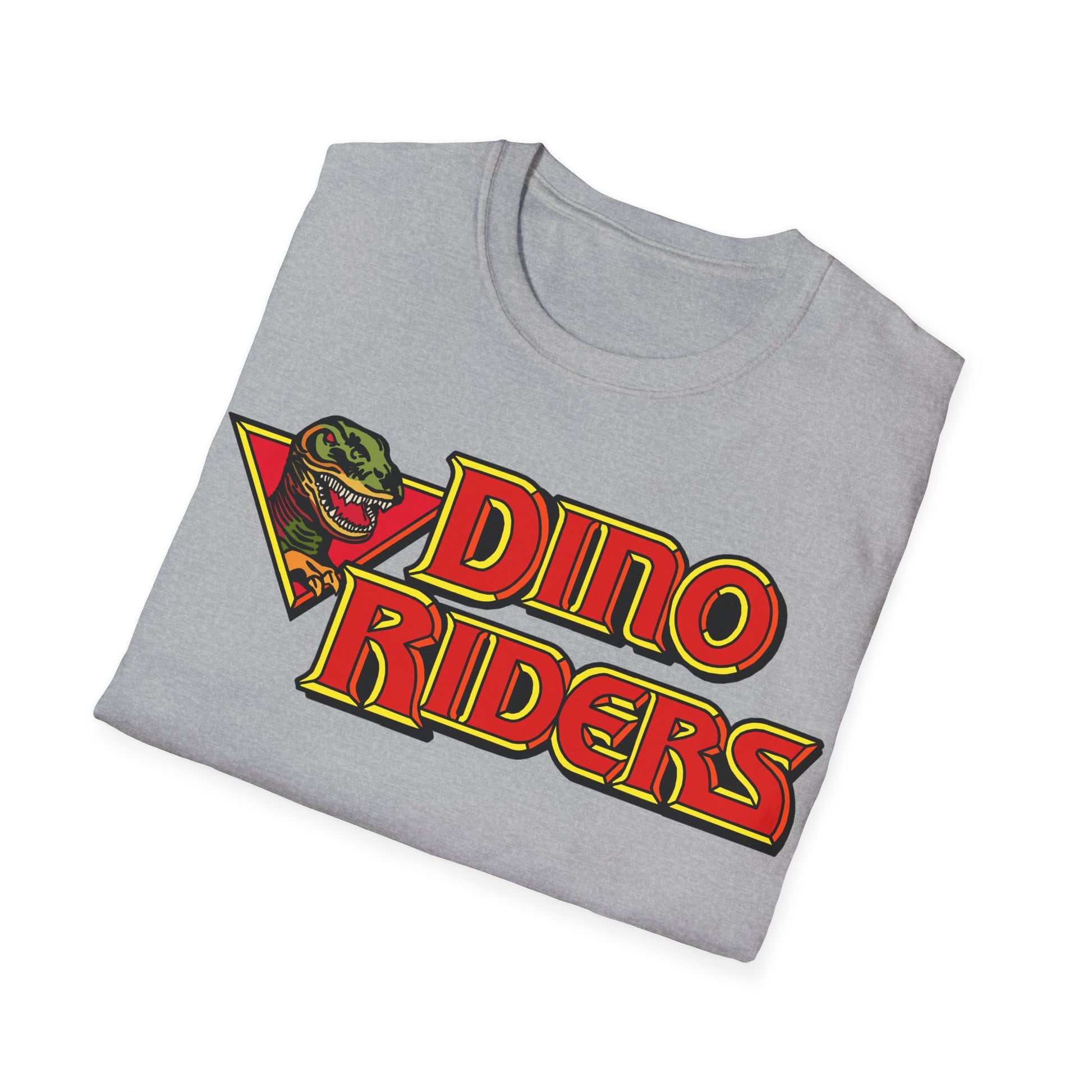 Folded gray t-shirt with 'Dino Riders' graphic on a white background