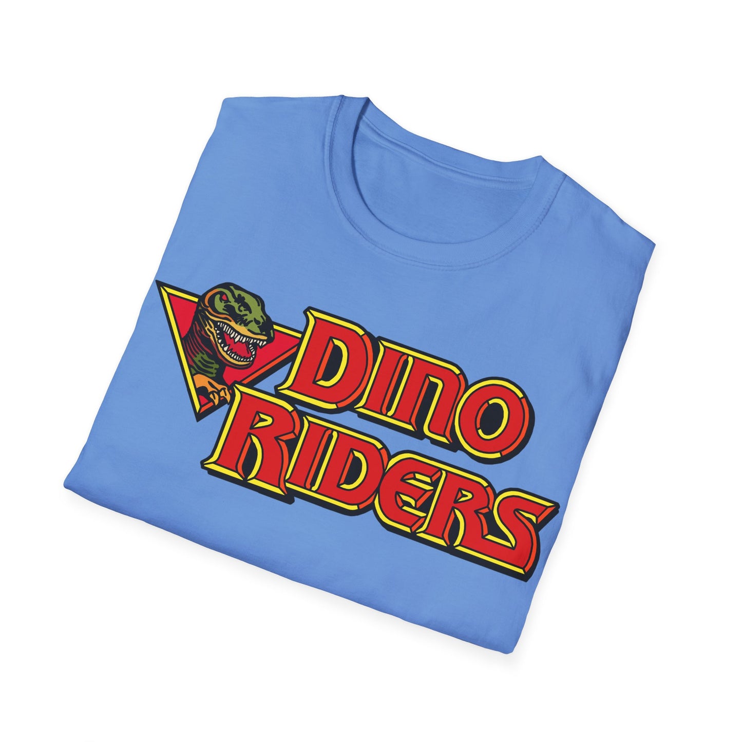 Folded blue t-shirt with 'Dino Riders' graphic on a white background