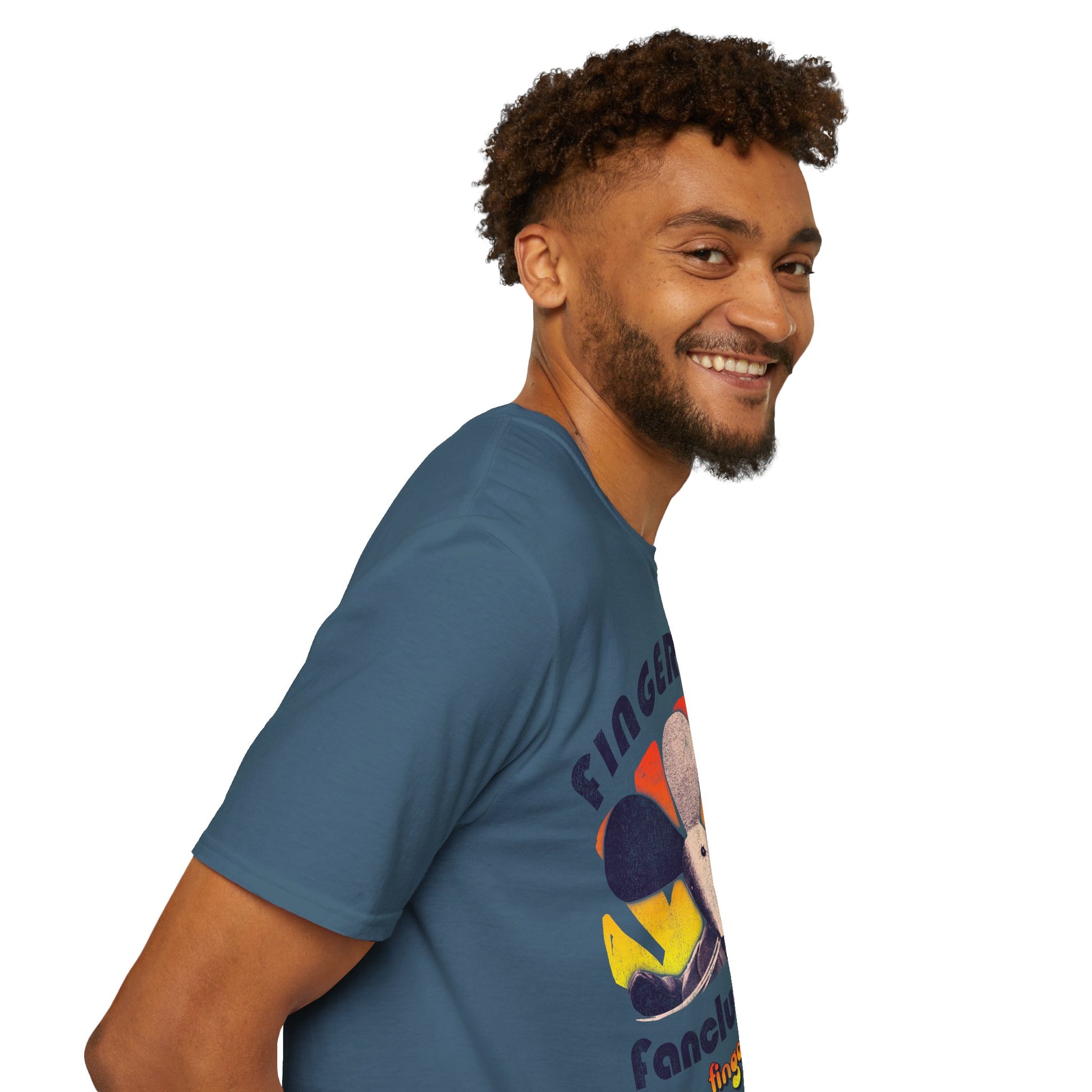 Man wearing a blue t-shirt with 'Fingermouse Fanclub 1985' graphic design on a white background