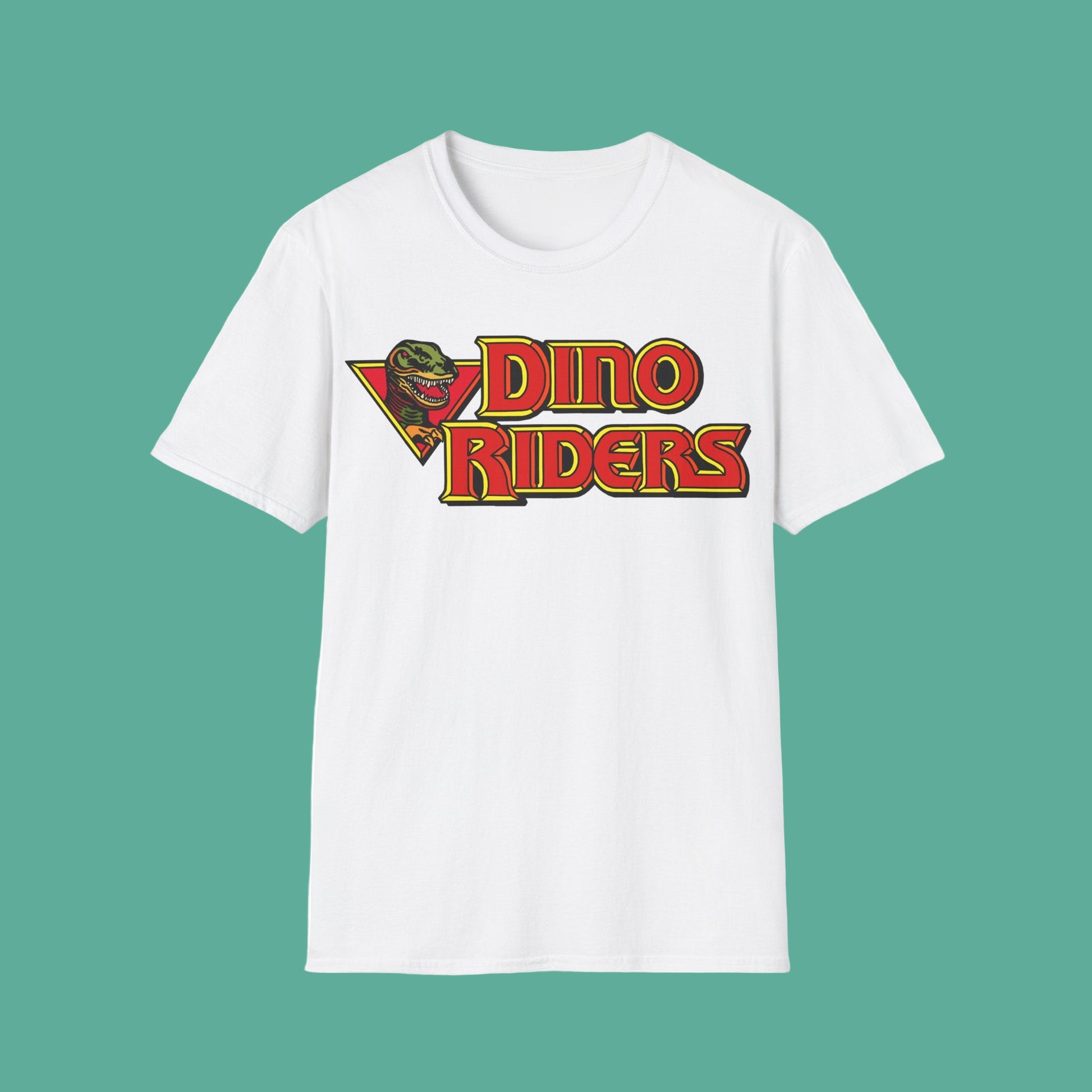 White t-shirt with 'Dino Riders' logo on a white background