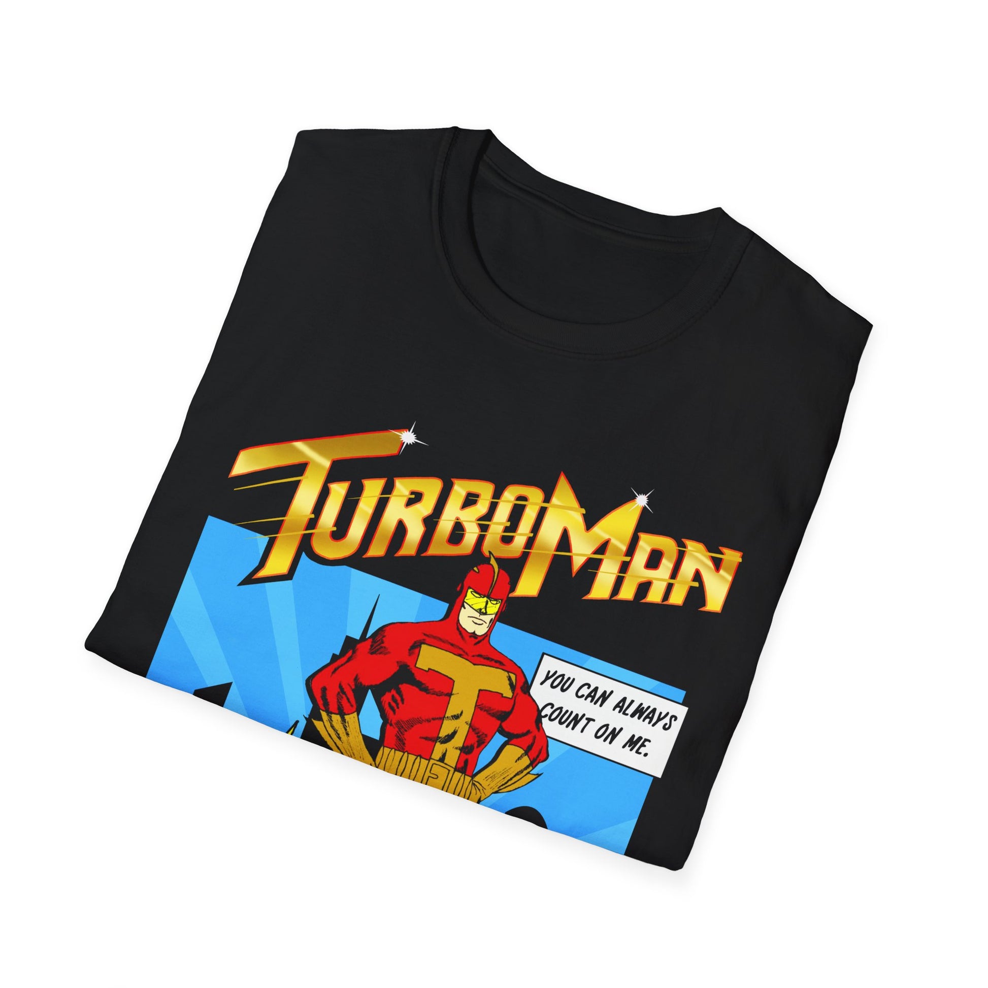 Folded black short sleeve t-shirt with TurboMan graphic design Christmas Jingle All The Way movie inspired top