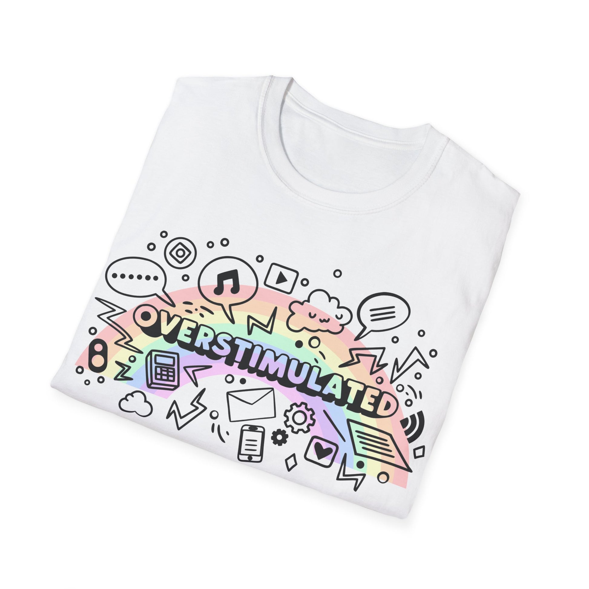 White t-shirt with colorful graphic design on a white background