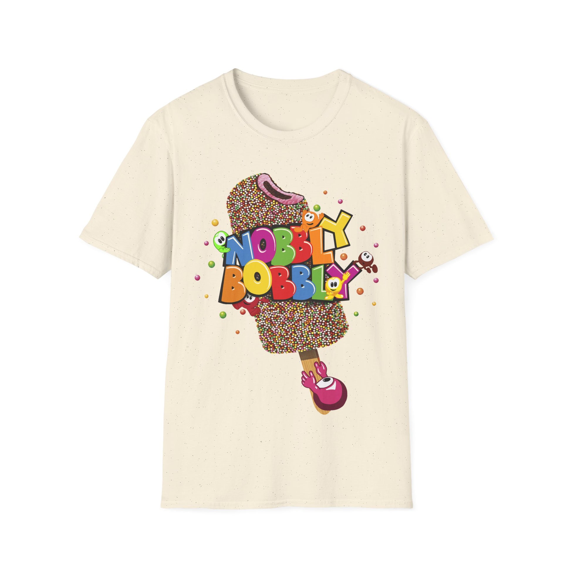 Beige t-shirt with colorful graphic design featuring a shoe and text on a white background